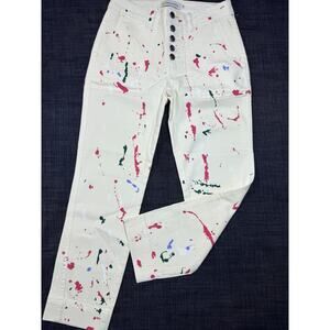 Kerri Rosenthal Paint Splatter Jeans 27 Cream Canvas Button Fly Crop Pants